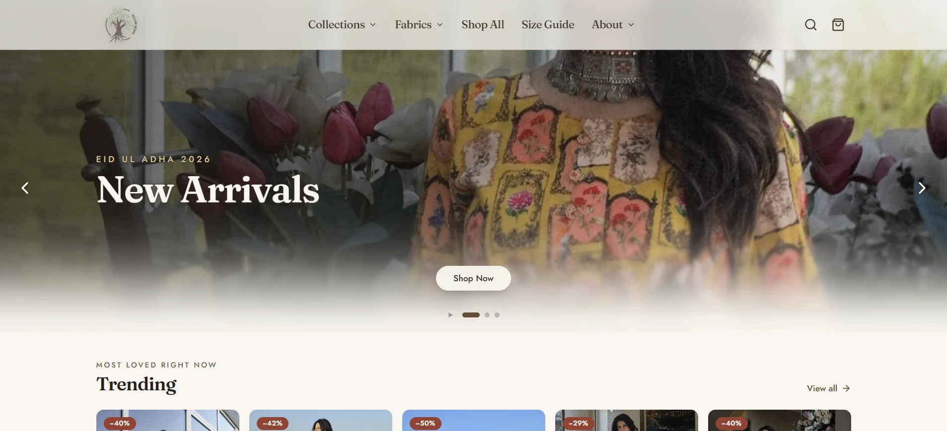The Willow Weave storefront on desktop, open on the Eid ul Adha 2026 New Arrivals banner, with the Trending section below.